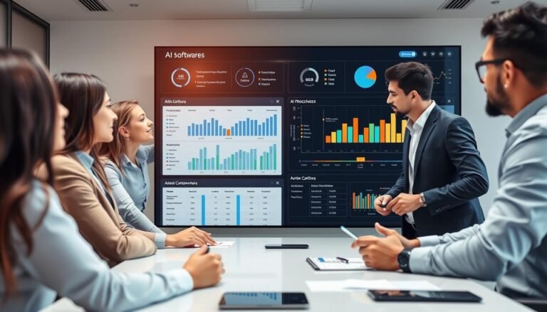 Business professionals evaluating AI software options on a digital dashboard