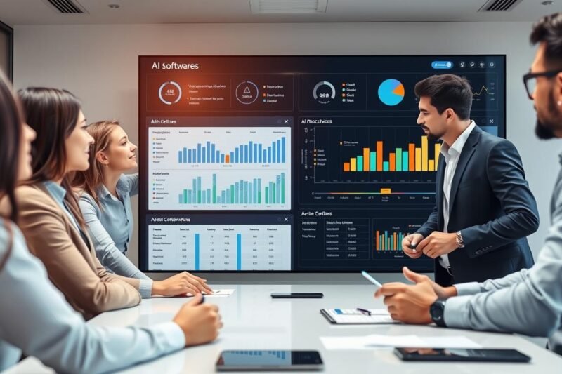 Business professionals evaluating AI software options on a digital dashboard