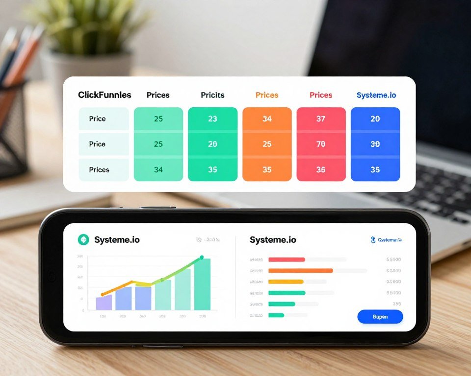 A creative visual representation contrasting the pricing structures of ClickFunnels and Systeme.io. In the foreground, a sleek, modern digital dashboard showcasing colorful graphs and charts reflecting subscription prices and features side by side for both platforms. The middle layer features a well-organized table or comparison matrix highlighting key pricing tiers, with vibrant colors to distinguish between ClickFunnels and Systeme.io. In the background, a subtle blurred image of a workspace with a laptop and stationery to create a professional atmosphere. The lighting should be bright and inviting, emphasizing clarity and focus, shot from a top-down angle to capture a comprehensive overview. The mood is professional yet approachable, presenting information in an engaging, visually appealing manner. A creative visual representation contrasting the pricing structures of ClickFunnels and Systeme.io. In the foreground, a sleek, modern digital dashboard showcasing colorful graphs and charts reflecting subscription prices and features side by side for both platforms. The middle layer features a well-organized table or comparison matrix highlighting key pricing tiers, with vibrant colors to distinguish between ClickFunnels and Systeme.io. In the background, a subtle blurred image of a workspace with a laptop and stationery to create a professional atmosphere. The lighting should be bright and inviting, emphasizing clarity and focus, shot from a top-down angle to capture a comprehensive overview. The mood is professional yet approachable, presenting information in an engaging, visually appealing manner.