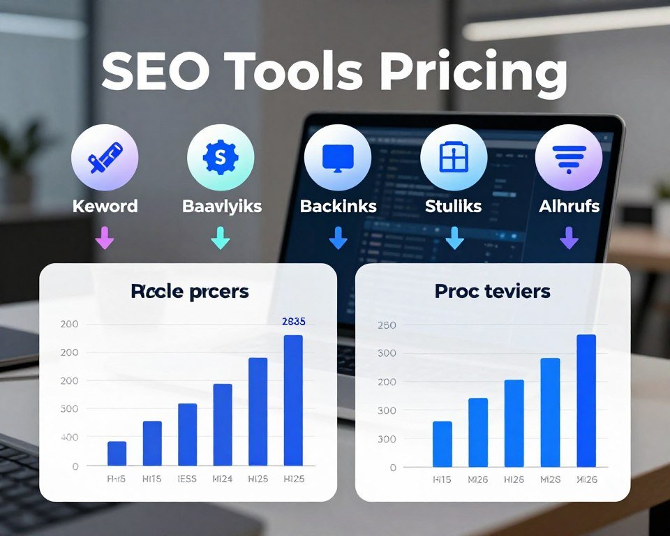A detailed infographic displaying a pricing comparison between SEO tools, Semrush and Ahrefs, set against a sleek, modern office background. In the foreground, two overlapping charts highlight pricing tiers and features side by side, each represented by visually distinct bars or columns. The middle ground features icons symbolizing key metrics like keyword analysis, backlinks, and site audits, adorned with sleek color gradients for clarity. The background includes a blurred view of a contemporary workspace with a laptop and digital devices, softly illuminated by ambient lighting, creating a professional atmosphere. The image should capture a sense of comparison and analysis, embodying the essence of valuable insights in SEO tool pricing without any text or distracting elements.
