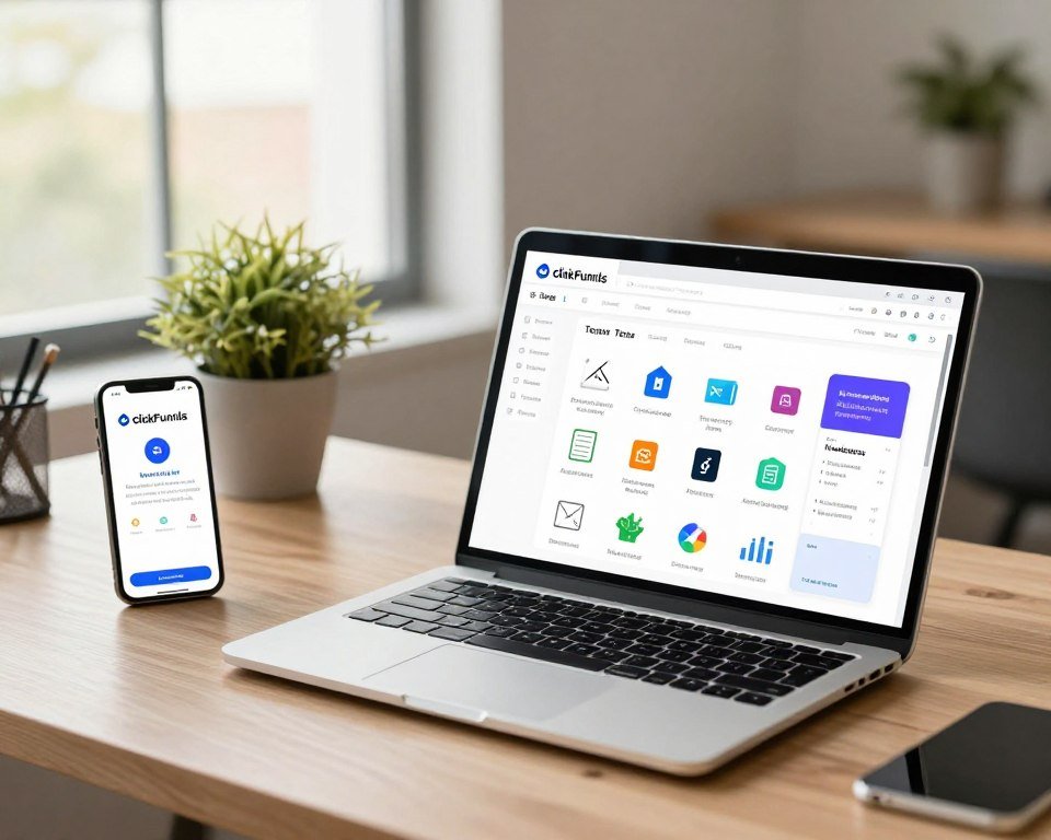 A dynamic digital workspace showcasing various ClickFunnels integrations in a visually engaging and informative manner. In the foreground, a sleek laptop open to a vibrant dashboard filled with icons representing different tools such as payment processors, email marketing platforms, and analytics software. In the middle, a modern office environment with a stylish desk, a potted plant, and a smartphone displaying the ClickFunnels app. The background features a large window with natural light streaming in, giving a bright, inviting atmosphere. Use soft, diffused lighting to create a professional yet relaxed mood. Capture the scene from a slightly elevated angle to emphasize the integration tools and their importance for solopreneurs. The color palette should be warm and welcoming, reflecting a collaborative workspace. A dynamic digital workspace showcasing various ClickFunnels integrations in a visually engaging and informative manner. In the foreground, a sleek laptop open to a vibrant dashboard filled with icons representing different tools such as payment processors, email marketing platforms, and analytics software. In the middle, a modern office environment with a stylish desk, a potted plant, and a smartphone displaying the ClickFunnels app. The background features a large window with natural light streaming in, giving a bright, inviting atmosphere. Use soft, diffused lighting to create a professional yet relaxed mood. Capture the scene from a slightly elevated angle to emphasize the integration tools and their importance for solopreneurs. The color palette should be warm and welcoming, reflecting a collaborative workspace.