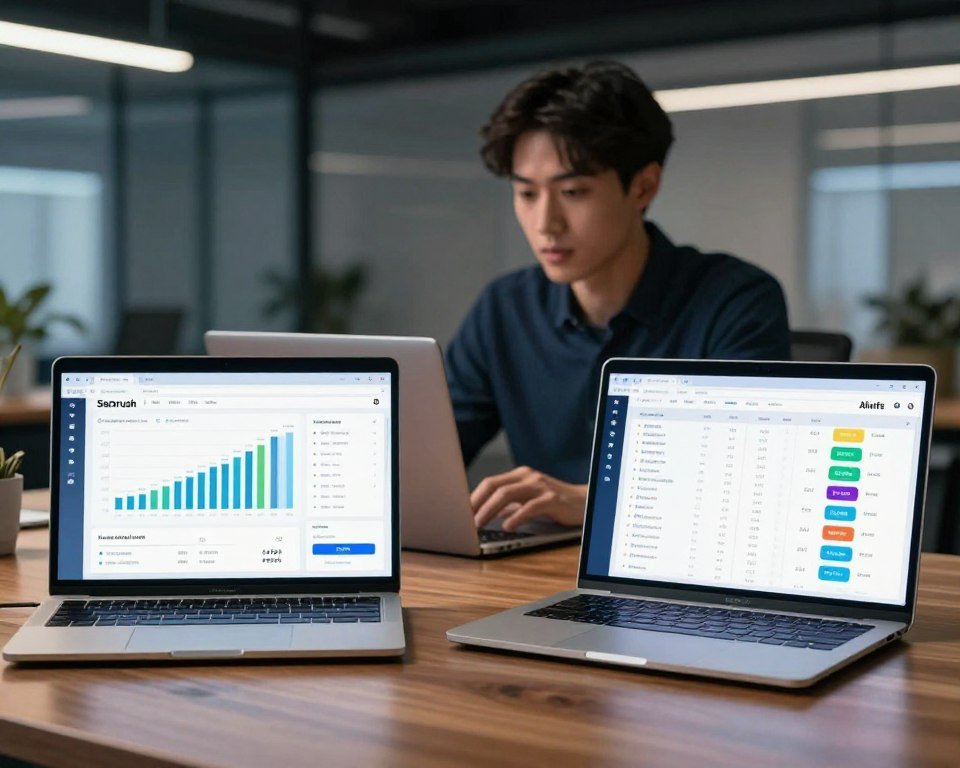 A dynamic illustration comparing two powerful SEO tools, Semrush and Ahrefs, for a tech-savvy audience. In the foreground, depict two sleek, modern laptops side by side on a polished wooden desk, the Semrush interface on one screen, showcasing vibrant graphs and analytics, while the Ahrefs dashboard on the other displays colorful keyword data. In the middle ground, a professional in smart casual attire interacts with the laptops, their focused expression highlighting a moment of analysis. The background features an abstract office setting with soft, ambient lighting that creates a futuristic atmosphere. Use a shallow depth of field to enhance the laptops in focus while softly blurring the background, giving a sense of importance to the tools. The overall mood should be competitive yet collaborative, suggesting an insightful exploration of SEO capabilities.