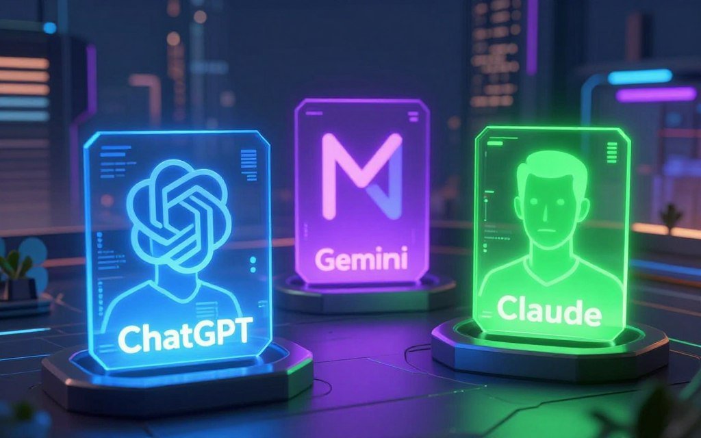 A futuristic digital landscape showcasing three distinct AI representations in a competitive setting. In the foreground, a sleek, modern digital interface displays ChatGPT as a radiant blue hologram, exuding intelligence and creativity. Beside it, a striking green light represents Claude, symbolizing reliability and precision, while Gemini shines with a vibrant purple hue in the middle, blending innovation and adaptability. The background features a high-tech city skyline, illuminated by neon lights, conveying a sense of advancement and competition. Soft ambient lighting enhances the scene, creating a balanced high-tech atmosphere. The angle is a slightly elevated viewpoint to capture all three AIs, focusing on their unique colors and forms, emphasizing their performance and capabilities without any text or overlays. A futuristic digital landscape showcasing three distinct AI representations in a competitive setting. In the foreground, a sleek, modern digital interface displays ChatGPT as a radiant blue hologram, exuding intelligence and creativity. Beside it, a striking green light represents Claude, symbolizing reliability and precision, while Gemini shines with a vibrant purple hue in the middle, blending innovation and adaptability. The background features a high-tech city skyline, illuminated by neon lights, conveying a sense of advancement and competition. Soft ambient lighting enhances the scene, creating a balanced high-tech atmosphere. The angle is a slightly elevated viewpoint to capture all three AIs, focusing on their unique colors and forms, emphasizing their performance and capabilities without any text or overlays.