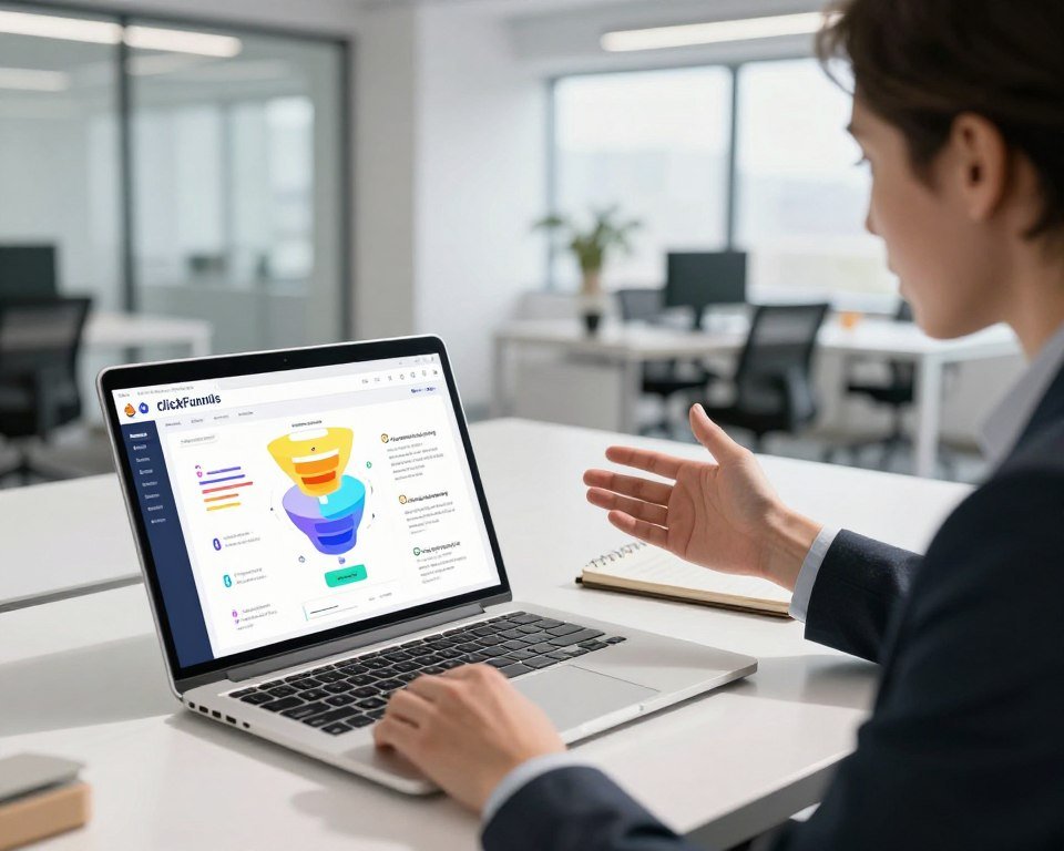 A modern and sleek workspace showcasing the features of ClickFunnels. In the foreground, a laptop displays a vibrant and user-friendly dashboard with colorful funnel designs. Beside it, a notepad with strategic notes on digital marketing. In the middle, a professional business person in business attire actively gesturing to the laptop, embodying a sense of focus and enthusiasm. The background features a bright and open office space with large windows, allowing natural light to flood in, creating a fresh and inspiring atmosphere. Soft shadows enhance depth, and the overall mood is one of productivity and innovation. Shot from a slightly elevated angle to capture both the laptop screen and the engaged individual. A modern and sleek workspace showcasing the features of ClickFunnels. In the foreground, a laptop displays a vibrant and user-friendly dashboard with colorful funnel designs. Beside it, a notepad with strategic notes on digital marketing. In the middle, a professional business person in business attire actively gesturing to the laptop, embodying a sense of focus and enthusiasm. The background features a bright and open office space with large windows, allowing natural light to flood in, creating a fresh and inspiring atmosphere. Soft shadows enhance depth, and the overall mood is one of productivity and innovation. Shot from a slightly elevated angle to capture both the laptop screen and the engaged individual.