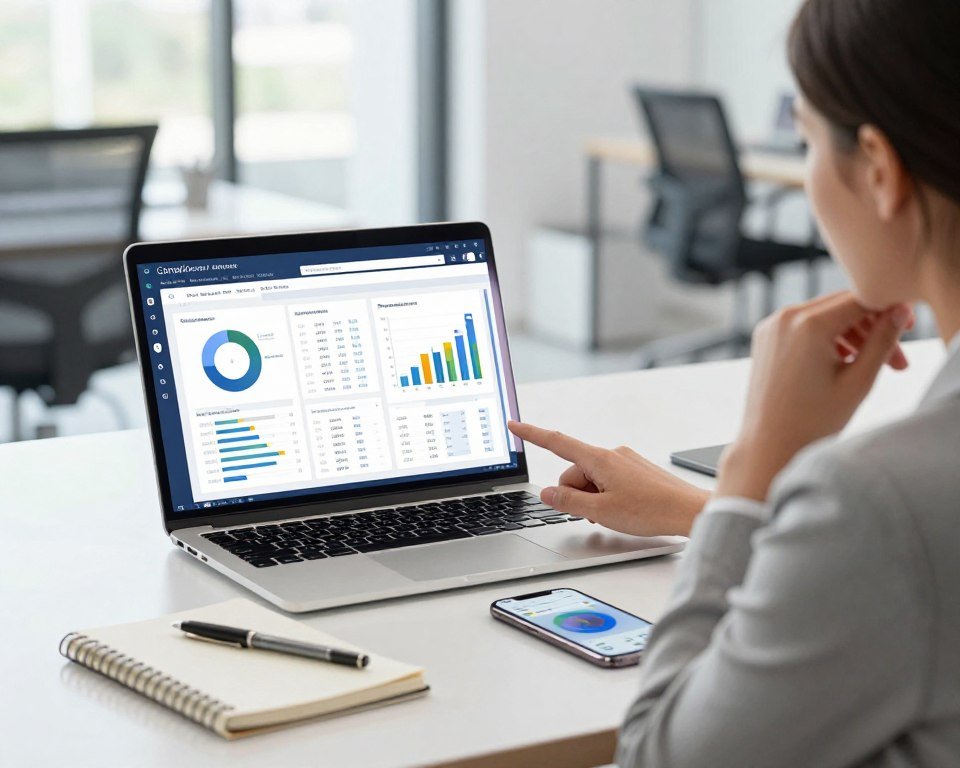 A modern digital workspace showcasing two sleek competitor analysis tools on a glowing laptop screen. In the foreground, a professional woman in business attire is analyzing data charts and graphs that depict SEO metrics, market trends, and competitor performance, looking thoughtfully at the screen. In the middle, a clean, organized desk with a stylish notebook, a couple of pens, and a high-tech smartphone displaying real-time analytics. The background features a soft-focus modern office setting with bright, natural lighting streaming through large windows, creating an atmosphere of innovation and productivity. Capture the essence of business intelligence and strategic analysis, emphasizing clarity and focus in the composition.