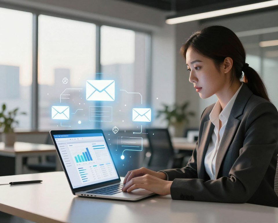A modern office space with a sleek desk, laptop open with an email marketing dashboard displayed, glowing screen showing graphs and analytics. In the foreground, a professional woman in smart business attire is focused on her work, typing on the keyboard, with a look of concentration. The middle layer shows digital elements like email icons, automation flowcharts, and marketing metrics hovering around, symbolizing automation and connectivity. In the background, large windows provide natural light, casting a warm and inviting glow, with a cityscape view. The atmosphere is energetic yet professional, conveying a sense of innovation and efficiency in digital marketing. The image emphasizes the theme of email marketing automation through visual representation. A modern office space with a sleek desk, laptop open with an email marketing dashboard displayed, glowing screen showing graphs and analytics. In the foreground, a professional woman in smart business attire is focused on her work, typing on the keyboard, with a look of concentration. The middle layer shows digital elements like email icons, automation flowcharts, and marketing metrics hovering around, symbolizing automation and connectivity. In the background, large windows provide natural light, casting a warm and inviting glow, with a cityscape view. The atmosphere is energetic yet professional, conveying a sense of innovation and efficiency in digital marketing. The image emphasizes the theme of email marketing automation through visual representation.