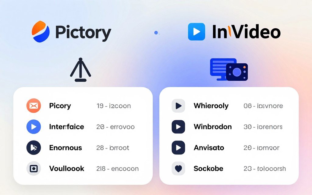 A side-by-side comparison chart featuring the video makers Pictory and InVideo, set within a clean, modern design. In the foreground, two columns display key features such as user interface, editing tools, and audio options, presented in an organized and visually appealing manner. The middle ground features icons and illustrations representing each video maker's unique strengths, such as video templates and AI capabilities. The background consists of a soft, blended gradient in calming colors to enhance focus on the chart. The lighting is bright and evenly distributed, creating a professional look. The overall mood is informative and engaging, designed to attract viewers' attention without distraction. Ensure no text, graphics, or logos interfere with the visual aesthetics. A side-by-side comparison chart featuring the video makers Pictory and InVideo, set within a clean, modern design. In the foreground, two columns display key features such as user interface, editing tools, and audio options, presented in an organized and visually appealing manner. The middle ground features icons and illustrations representing each video maker's unique strengths, such as video templates and AI capabilities. The background consists of a soft, blended gradient in calming colors to enhance focus on the chart. The lighting is bright and evenly distributed, creating a professional look. The overall mood is informative and engaging, designed to attract viewers' attention without distraction. Ensure no text, graphics, or logos interfere with the visual aesthetics.