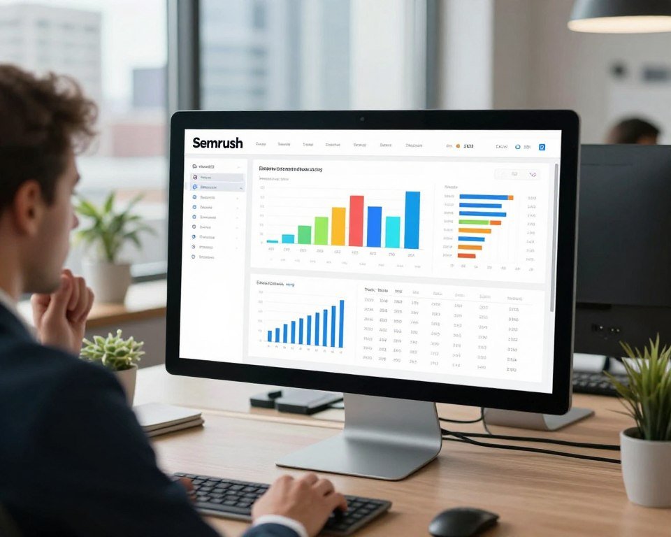 A sleek and modern Semrush dashboard displayed on a large computer screen in a contemporary office environment. The dashboard features a rich array of colorful graphs, charts, and metrics, showcasing SEO analytics such as keyword rankings, traffic sources, and domain comparisons. In the foreground, a professional businessperson in smart attire is intently analyzing the data, with a thoughtful expression. The middle-ground includes elegant office furniture, complementary decor elements, and an inviting workspace atmosphere. The background features a soft-focus view of city skyline through a large window, with daylight streaming in, creating a bright and energizing mood. The image is well-lit, with a focus on clarity and detail, capturing the essence of a high-tech digital marketing setting.