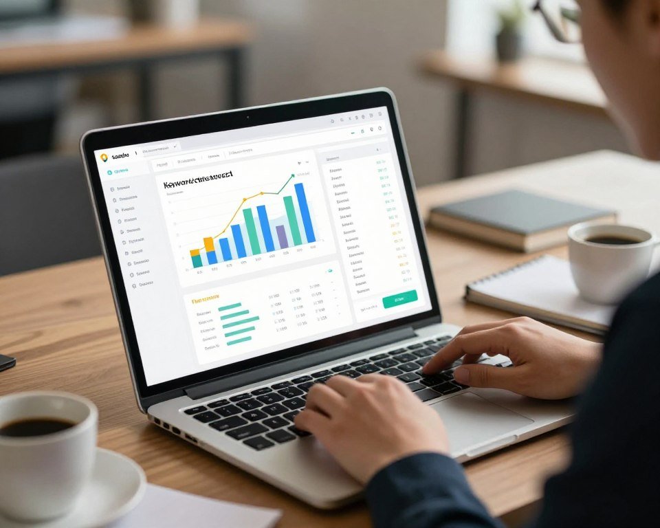 A sleek, modern keyword research tool interface displayed prominently in the foreground, showcasing a vibrant dashboard filled with graphs, charts, and keyword suggestions. The middle ground features a person in professional attire, intently analyzing data on a laptop, surrounded by notes and a cup of coffee, symbolizing productivity and focus. In the background, a blurred office environment hints at a collaborative workspace atmosphere, with subtle warm lighting creating an inviting and dynamic feel. The image is captured with a shallow depth of field to emphasize the tool while softly blurring the background, evoking a sense of clarity and determination as users navigate the complexities of keyword research for SEO success.