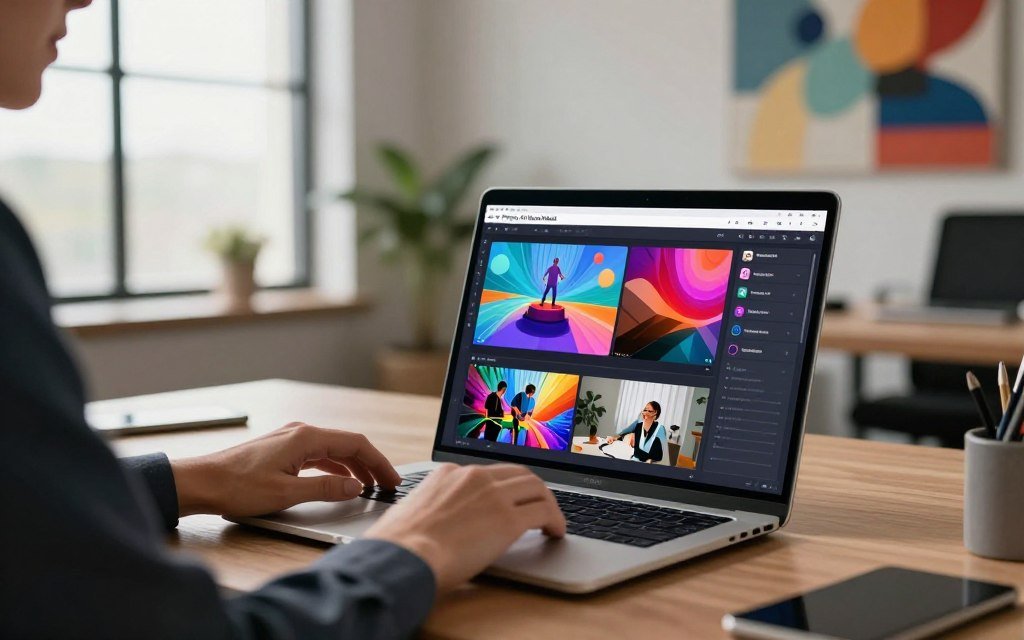 A sleek, modern workspace featuring a high-tech laptop displaying the Pictory AI Video Maker interface, with vibrant visuals of various video styles generating on the screen. In the foreground, a professional-looking person, dressed in smart business attire, interacts with the laptop, showcasing engagement and creativity. The middle ground contains a stylish office environment, with a large window allowing soft, natural light to pour in, illuminating the room. In the background, abstract art representing digital creativity and innovation hangs on the walls. The overall mood is dynamic and inspiring, reflecting a focus on technology and productivity in video creation, with a warm and inviting atmosphere that engages the viewer. A sleek, modern workspace featuring a high-tech laptop displaying the Pictory AI Video Maker interface, with vibrant visuals of various video styles generating on the screen. In the foreground, a professional-looking person, dressed in smart business attire, interacts with the laptop, showcasing engagement and creativity. The middle ground contains a stylish office environment, with a large window allowing soft, natural light to pour in, illuminating the room. In the background, abstract art representing digital creativity and innovation hangs on the walls. The overall mood is dynamic and inspiring, reflecting a focus on technology and productivity in video creation, with a warm and inviting atmosphere that engages the viewer.