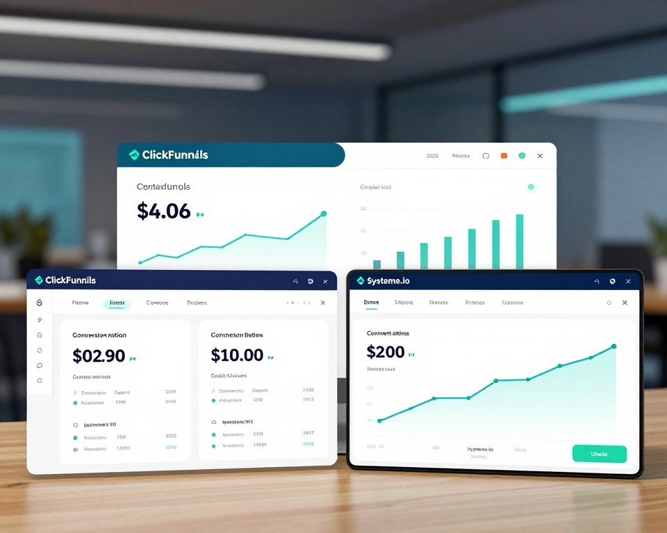 A split-screen graphical representation comparing two funnel-building platforms, with one side highlighting ClickFunnels and the other Systeme.io. In the foreground, show sleek, modern dashboards of each platform with vibrant color schemes, showcasing key performance metrics such as conversion rates and uptime reliability. In the middle ground, include subtle graphical elements like line charts and bar graphs to illustrate performance trends. The background features a blurred, tech-inspired office setting, with soft blue and green lighting that conveys a professional atmosphere. Use a warm, inviting tone, ensuring the focus remains on the comparison without distractions. Avoid any text or logos in the image, creating a clear visual focus on performance and reliability. A split-screen graphical representation comparing two funnel-building platforms, with one side highlighting ClickFunnels and the other Systeme.io. In the foreground, show sleek, modern dashboards of each platform with vibrant color schemes, showcasing key performance metrics such as conversion rates and uptime reliability. In the middle ground, include subtle graphical elements like line charts and bar graphs to illustrate performance trends. The background features a blurred, tech-inspired office setting, with soft blue and green lighting that conveys a professional atmosphere. Use a warm, inviting tone, ensuring the focus remains on the comparison without distractions. Avoid any text or logos in the image, creating a clear visual focus on performance and reliability.