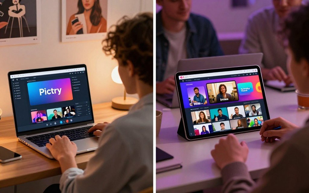 A split-screen image featuring two scenes, each representing Pictory and InVideo for video creation. On the left side, depict a professional workspace with a modern laptop displaying Pictory’s user interface, showcasing vibrant digital graphics and AI tools. In the foreground, a focused person in business casual attire studies the screen, with a soft glow from the laptop illuminating their face. The background features inspirational posters about creativity. On the right side, illustrate a dynamic setting with a colorful interface of InVideo on a tablet, surrounded by images of diverse video styles. A casual group discussion is happening nearby, conveying collaboration and creativity. Use warm, inviting lighting to establish a positive atmosphere, with a slight depth of field for a polished, professional look. A split-screen image featuring two scenes, each representing Pictory and InVideo for video creation. On the left side, depict a professional workspace with a modern laptop displaying Pictory’s user interface, showcasing vibrant digital graphics and AI tools. In the foreground, a focused person in business casual attire studies the screen, with a soft glow from the laptop illuminating their face. The background features inspirational posters about creativity. On the right side, illustrate a dynamic setting with a colorful interface of InVideo on a tablet, surrounded by images of diverse video styles. A casual group discussion is happening nearby, conveying collaboration and creativity. Use warm, inviting lighting to establish a positive atmosphere, with a slight depth of field for a polished, professional look.