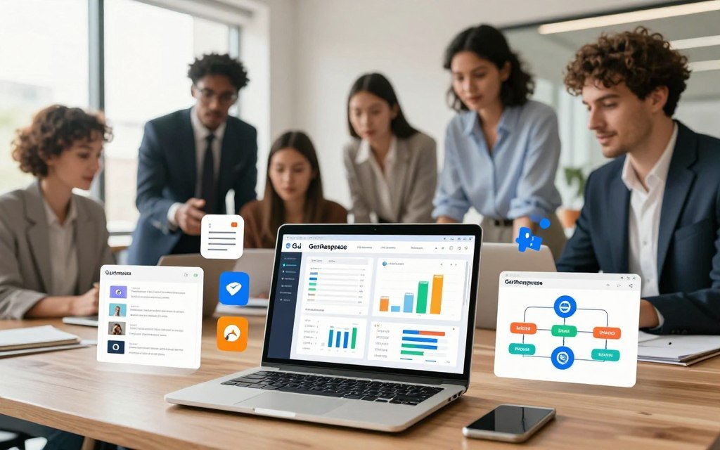 A vibrant and engaging illustration depicting the features of GetResponse as an all-in-one marketing solution. In the foreground, showcase a sleek laptop displaying a dashboard with visually appealing graphs and analytics. Surround it with digital marketing tools like email templates, social media icons, and automated workflow diagrams. In the middle ground, incorporate a diverse group of professionals in smart business attire, collaborating and discussing strategies, with expressions of inspiration and focus. The background should include a modern office environment with bright, natural lighting filtering through large windows, creating a productive atmosphere. Use a wide-angle lens perspective to capture the depth of the workspace, while maintaining a warm and inviting color palette that evokes a sense of innovation and collaboration. A vibrant and engaging illustration depicting the features of GetResponse as an all-in-one marketing solution. In the foreground, showcase a sleek laptop displaying a dashboard with visually appealing graphs and analytics. Surround it with digital marketing tools like email templates, social media icons, and automated workflow diagrams. In the middle ground, incorporate a diverse group of professionals in smart business attire, collaborating and discussing strategies, with expressions of inspiration and focus. The background should include a modern office environment with bright, natural lighting filtering through large windows, creating a productive atmosphere. Use a wide-angle lens perspective to capture the depth of the workspace, while maintaining a warm and inviting color palette that evokes a sense of innovation and collaboration.