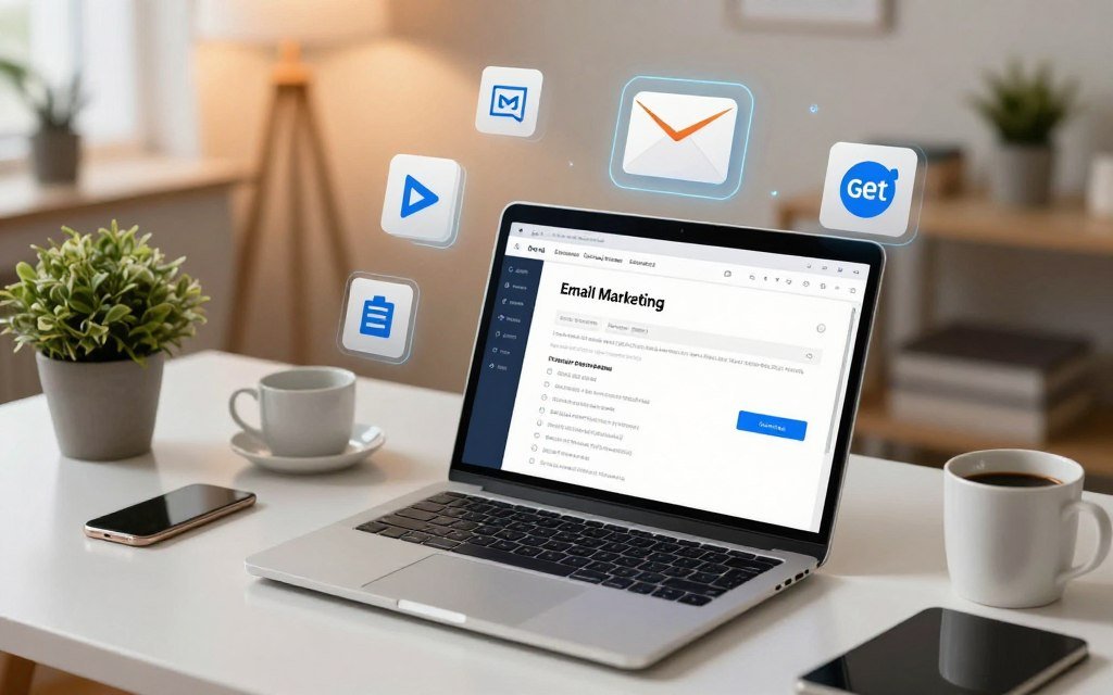 A visually engaging digital workspace illustrating email marketing integrations for digital creators. In the foreground, show a modern laptop with an open interface displaying email marketing tools. Surround the laptop with holographic icons representing popular integrations like ConvertKit, MailChimp, and GetResponse, floating above it. In the middle ground, depict a clean, organized desk with a potted plant and coffee mug, creating a creative and productive atmosphere. The background features a softly blurred home office setting with warm lighting, emphasizing a cozy yet professional vibe. The overall mood should feel inspiring and innovative, capturing the essence of modern digital marketing strategies. Use a slightly elevated angle to give a dynamic perspective. A visually engaging digital workspace illustrating email marketing integrations for digital creators. In the foreground, show a modern laptop with an open interface displaying email marketing tools. Surround the laptop with holographic icons representing popular integrations like ConvertKit, MailChimp, and GetResponse, floating above it. In the middle ground, depict a clean, organized desk with a potted plant and coffee mug, creating a creative and productive atmosphere. The background features a softly blurred home office setting with warm lighting, emphasizing a cozy yet professional vibe. The overall mood should feel inspiring and innovative, capturing the essence of modern digital marketing strategies. Use a slightly elevated angle to give a dynamic perspective.