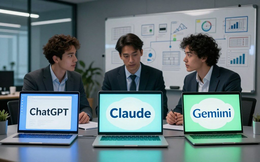A visually striking comparison of three AI models—ChatGPT, Claude, and Gemini—set in a modern, sleek office environment. In the foreground, illustrated laptops display distinctive interfaces of each AI, glowing gently in soft blue and green lighting. In the middle, three diverse professionals, dressed in smart business attire, engage in a collaborative discussion, illustrating the practical uses of each AI in creative projects. Background elements include a digital whiteboard filled with brainstorming sketches and charts, hinting at various creative use cases like graphic design, content creation, and marketing strategies. The atmosphere is energetic and inspired, infused with dynamic lighting that simulates innovation and collaboration, while a subtle bokeh effect creates depth. A visually striking comparison of three AI models—ChatGPT, Claude, and Gemini—set in a modern, sleek office environment. In the foreground, illustrated laptops display distinctive interfaces of each AI, glowing gently in soft blue and green lighting. In the middle, three diverse professionals, dressed in smart business attire, engage in a collaborative discussion, illustrating the practical uses of each AI in creative projects. Background elements include a digital whiteboard filled with brainstorming sketches and charts, hinting at various creative use cases like graphic design, content creation, and marketing strategies. The atmosphere is energetic and inspired, infused with dynamic lighting that simulates innovation and collaboration, while a subtle bokeh effect creates depth.