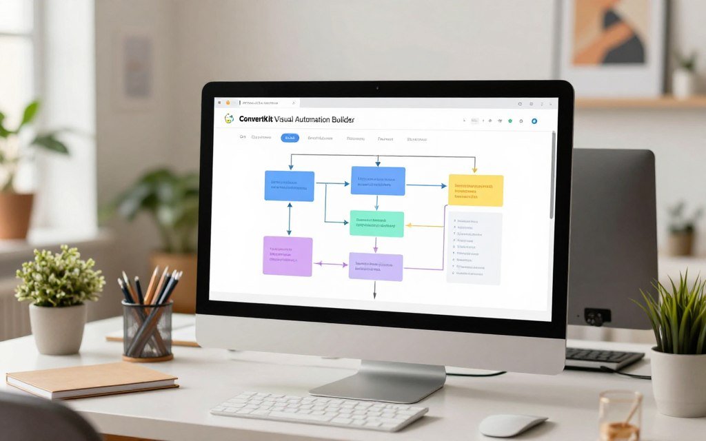 An illustration of the ConvertKit Visual Automation Builder interface, prominently featuring a sleek, organized workspace filled with interconnected blocks and arrows representing email automation workflows. In the foreground, a computer screen displays the ConvertKit dashboard with colorful, user-friendly design elements. The middle ground shows a digital workspace with a modern desk, a laptop, and stationery, suggesting a creative environment. Soft, natural lighting illuminates the scene, creating a warm and inviting atmosphere. The background features a blurred, creative office setting with plants and motivational artwork on the walls, emphasizing a professional yet relaxed mood ideal for digital creators. The overall composition balances clarity and aesthetic appeal, engaging viewers in the world of email marketing tools. An illustration of the ConvertKit Visual Automation Builder interface, prominently featuring a sleek, organized workspace filled with interconnected blocks and arrows representing email automation workflows. In the foreground, a computer screen displays the ConvertKit dashboard with colorful, user-friendly design elements. The middle ground shows a digital workspace with a modern desk, a laptop, and stationery, suggesting a creative environment. Soft, natural lighting illuminates the scene, creating a warm and inviting atmosphere. The background features a blurred, creative office setting with plants and motivational artwork on the walls, emphasizing a professional yet relaxed mood ideal for digital creators. The overall composition balances clarity and aesthetic appeal, engaging viewers in the world of email marketing tools.