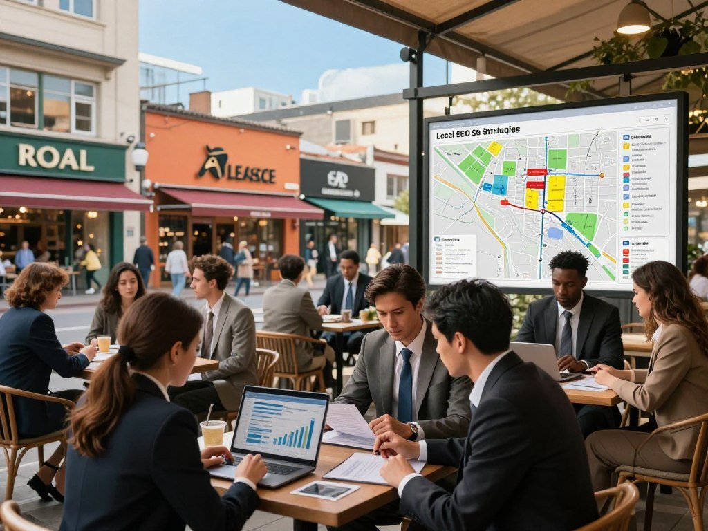 A busy urban landscape illustrating local SEO strategies, featuring a diverse group of professionals in business attire collaboratively working at a modern outdoor café. In the foreground, a man and woman discuss local business analytics while analyzing graphs on a laptop. The middle ground shows vibrant local shops and landmarks, with a large map that highlights the area, demonstrating geographic reach. In the background, a clear blue sky casts warm sunlight, creating a welcoming atmosphere. The scene captures a sense of community engagement and strategic planning, emphasizing connection and local presence. Use a wide-angle lens to encapsulate the bustling environment, with balanced lighting to enhance details.