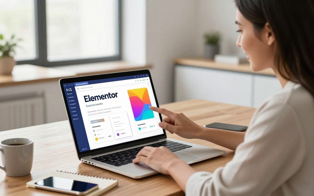A clean, modern workspace showcasing a laptop displaying the Elementor interface with vibrant colors and intuitive design elements. In the foreground, a confident professional woman in smart casual attire is intently reviewing features on the screen, her expression reflecting focus and satisfaction. The middle ground features a sleek wooden desk with a notepad, a coffee mug, and a smartphone, hinting at productivity. In the background, a bright, well-lit office space with soft natural light filtering through large windows creates a welcoming atmosphere. The image captures a sense of professionalism and enthusiasm, emphasizing Elementor's capabilities for affiliate marketers. The overall mood is energetic and inspiring, encouraging creativity and engagement. A clean, modern workspace showcasing a laptop displaying the Elementor interface with vibrant colors and intuitive design elements. In the foreground, a confident professional woman in smart casual attire is intently reviewing features on the screen, her expression reflecting focus and satisfaction. The middle ground features a sleek wooden desk with a notepad, a coffee mug, and a smartphone, hinting at productivity. In the background, a bright, well-lit office space with soft natural light filtering through large windows creates a welcoming atmosphere. The image captures a sense of professionalism and enthusiasm, emphasizing Elementor's capabilities for affiliate marketers. The overall mood is energetic and inspiring, encouraging creativity and engagement.