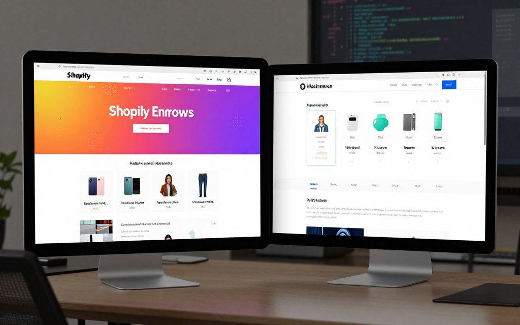 A detailed comparison of two eCommerce platform interfaces: on the left, a vibrant, customizable Shopify storefront, showcasing modern design elements like dynamic color palettes and unique layouts, featuring product displays and easy navigation. On the right, a WooCommerce website, emphasizing a more traditional look with customizable widgets and versatile product arrangement options. Both interfaces are presented side by side on a sleek digital device, with a soft, focusing light highlighting their features. The background is a blurred office environment, suggesting a productive workspace, with subtle hints of technology, like code snippets or design sketches. The atmosphere should convey innovation and creativity in online retail, inviting viewers to explore customization possibilities.