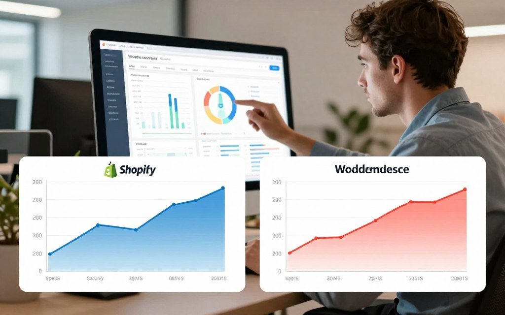 A digital illustration comparing the performance of Shopify and WooCommerce as e-commerce platforms. In the foreground, two side-by-side graphs show performance metrics such as speed, security, and scalability, with vibrant colors contrasting their differences. The middle ground features a sleek computer screen displaying analytics dashboards, with a business professional in smart casual attire analyzing the data, focused and engaged. The background contains a stylized office environment with soft, ambient lighting that creates a productive atmosphere. The overall mood is analytical and forward-thinking, embodying a sense of innovation and technology in e-commerce solutions. The composition should be well-lit with a slight depth of field, emphasizing the graphs and screens while keeping the professional figures in clear focus.