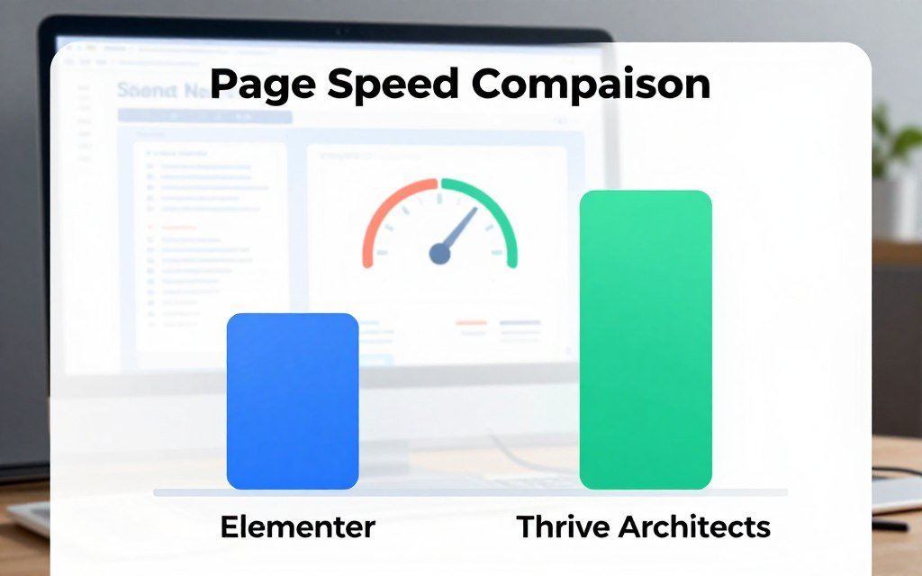 A digital illustration of a "Page Speed Comparison" chart featuring two vertical bars, one representing Elementor and the other representing Thrive Architect, showcasing their loading times in a sleek modern design. In the foreground, the bars are graphically detailed with colors like blue for Elementor and green for Thrive Architect, set against a clean white background for clarity. In the middle ground, a subtle illustration of a computer screen displays the comparison with a speedometer icon indicating performance levels, while a faint blurred digital workspace can be seen in the background, suggesting a tech-related environment. Use bright, focused lighting that emphasizes the contrast between the bars, conveyed in a professional and informative mood, without any text or captions. A digital illustration of a "Page Speed Comparison" chart featuring two vertical bars, one representing Elementor and the other representing Thrive Architect, showcasing their loading times in a sleek modern design. In the foreground, the bars are graphically detailed with colors like blue for Elementor and green for Thrive Architect, set against a clean white background for clarity. In the middle ground, a subtle illustration of a computer screen displays the comparison with a speedometer icon indicating performance levels, while a faint blurred digital workspace can be seen in the background, suggesting a tech-related environment. Use bright, focused lighting that emphasizes the contrast between the bars, conveyed in a professional and informative mood, without any text or captions.