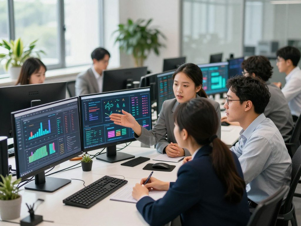 A dynamic and engaging workspace filled with diverse professionals collaborating on audience engagement strategies. In the foreground, a group of three people in professional business attire are gathered around a sleek, modern table, animatedly discussing ideas. One individual gestures towards a large digital screen displaying vibrant graphs and analytics related to audience engagement. In the middle ground, various monitors and devices showcase real-time engagement metrics, creating a sense of an interactive environment. The background is softly blurred but features a welcoming office space with greenery and bright, natural light streaming through large windows, giving a fresh and optimistic feel. The atmosphere is one of innovation and creativity, emphasizing teamwork and strategic thinking in digital marketing. The image is captured with a slight overhead angle to provide depth and focus on the engaged professionals.