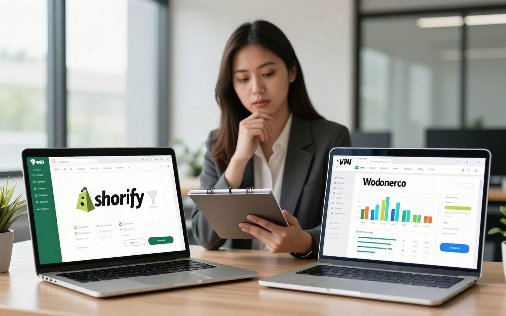 A dynamic eCommerce platform comparison scene showcasing Shopify and WooCommerce. In the foreground, a sleek laptop displaying the Shopify interface on the left, and the WooCommerce dashboard on the right, highlighting key features with vivid graphs and charts. In the middle, a professional young woman in business attire, thoughtfully analyzing the screens with a notepad in hand, representing the decision-making process of potential users. The background features a modern office space, bathed in soft natural light filtering through large windows, creating a productive and inspiring atmosphere. Use a balanced composition, with a slight depth of field to emphasize the foreground. The mood is focused, analytical, and forward-thinking, reflecting the 2026 eCommerce landscape.