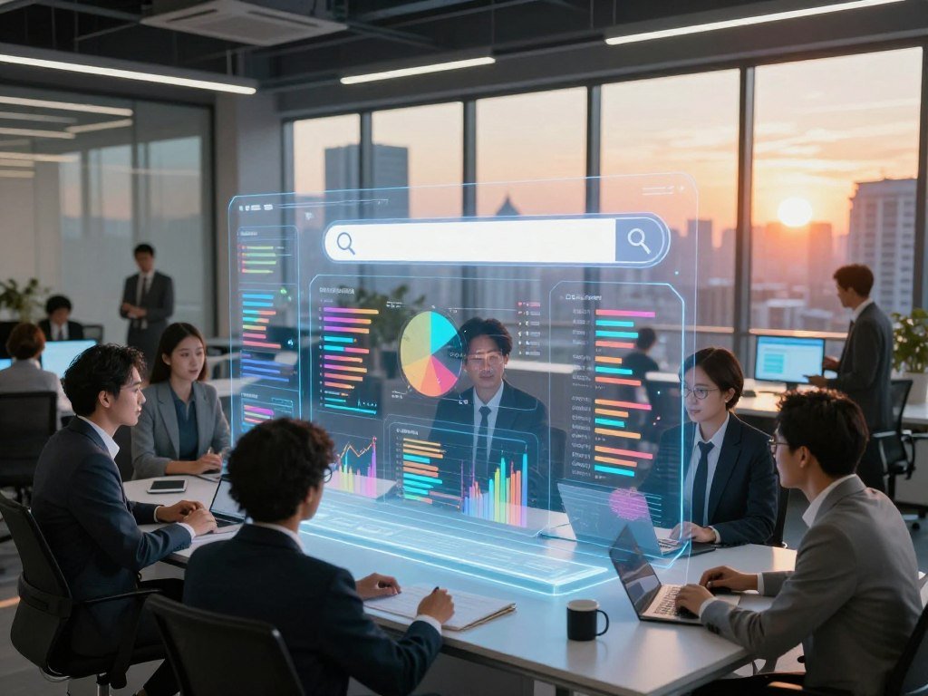 A futuristic digital interface showcasing AI-driven search results in a sleek office environment. In the foreground, a diverse group of professionals in business attire are intently analyzing holographic search data projected from a central console. The middle layer features dynamic, multi-colored graphical representations of search metrics, algorithm patterns, and user engagement analytics, all illuminated with soft, ambient lighting. In the background, a modern office space with large windows reveals a city skyline, bathed in the warm glow of a setting sun, creating a sense of optimism and innovation. The atmosphere is vibrant yet focused, emphasizing collaboration and the evolving nature of search technology. Shot with a wide-angle lens to capture depth and movement.