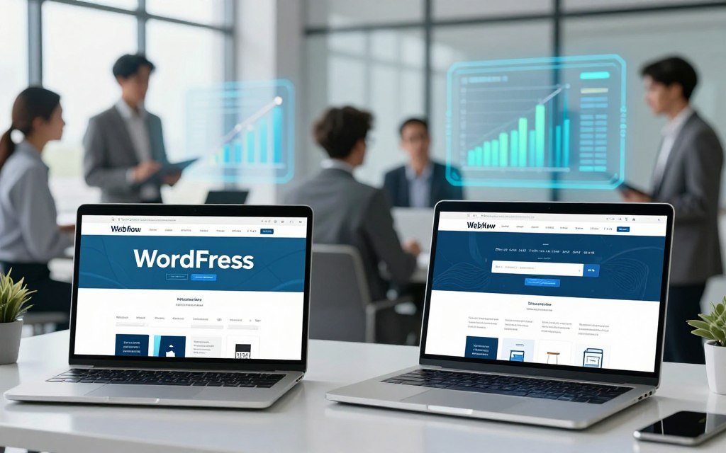 A modern and sleek digital workspace showcasing two distinct e-commerce platforms side by side, representing WordPress and Webflow. In the foreground, a clean, organized desktop featuring a laptop displaying the WordPress interface, with an online store layout highlighted. Next to it, another laptop visualizing the Webflow platform, presenting a more visual drag-and-drop store design. The middle ground shows a diverse group of professionals in business attire discussing e-commerce strategies, with charts and graphs of sales metrics projected in holographic displays. The background features large windows letting in soft, diffused natural light, creating a bright and inspiring atmosphere. A dynamic color palette of blues and greens enhances the tech-savvy vibe of the environment, focusing on innovation and comparison.