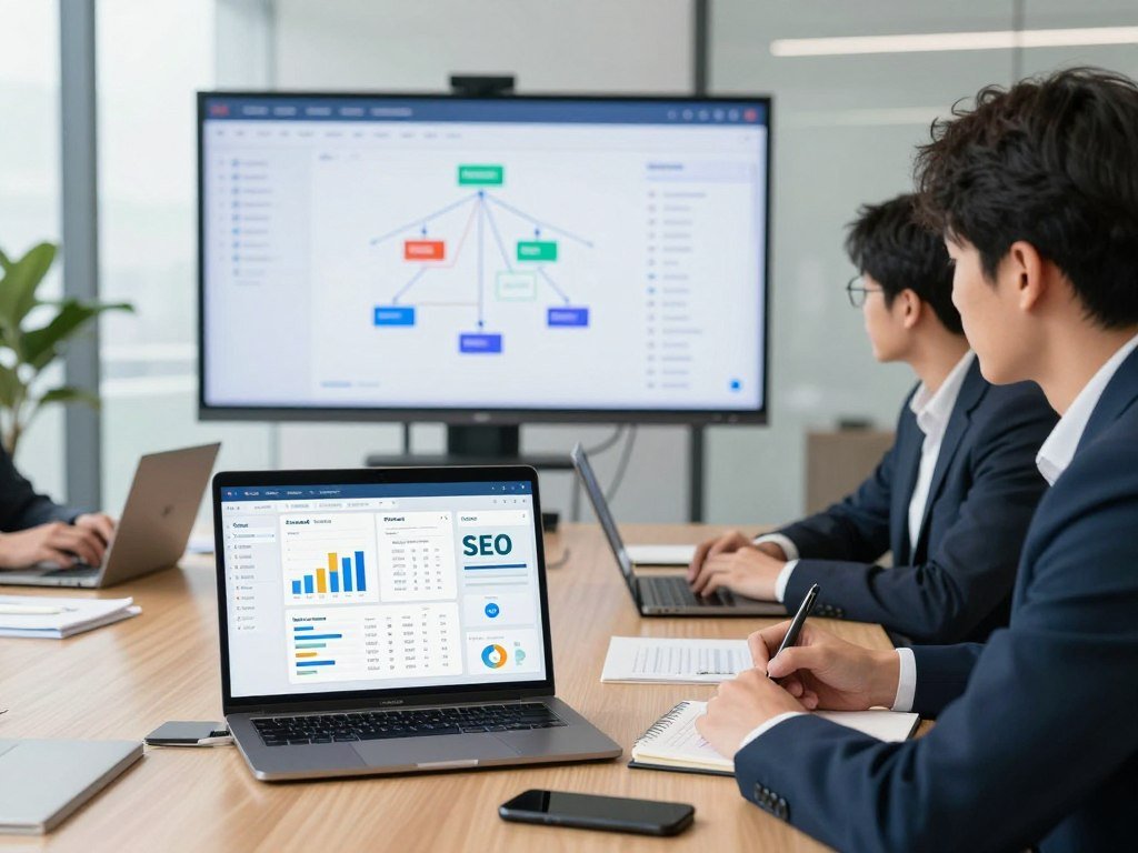 A modern office environment focused on technical SEO strategies. In the foreground, a laptop displays various SEO analytics dashboards, with graphs and metrics clearly visible. A professional businessperson, dressed in a smart suit, studies the data intently, taking notes. In the middle, a conference table is set with SEO-related documents, digital devices, and a smartphone. A large screen in the background showcases a digital map of website architecture, highlight chosen keywords and technical markers. The room is brightly lit with natural light streaming through large windows, creating an energetic yet focused atmosphere. The overall mood is one of professionalism and innovation, emphasizing the importance of technical requirements in modern SEO.