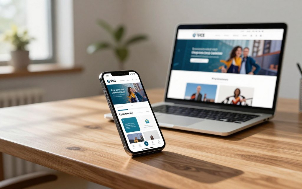 A modern workspace featuring a sleek smartphone and a laptop side by side on a wooden desk, displaying vibrant and responsive web designs optimized for mobile viewers. The foreground includes the smartphone tilted at a slight angle, showcasing a beautifully designed interface, while the laptop screen glows with a visually engaging website. In the middle, soft shadows play across the desk, enhancing the polished wood texture. The background includes a cozy office setting with blurred plant decor and a window allowing natural light to flood the space, creating a bright and productive atmosphere. The overall mood is professional yet inviting, emphasizing innovation in mobile optimization and responsive design. A modern workspace featuring a sleek smartphone and a laptop side by side on a wooden desk, displaying vibrant and responsive web designs optimized for mobile viewers. The foreground includes the smartphone tilted at a slight angle, showcasing a beautifully designed interface, while the laptop screen glows with a visually engaging website. In the middle, soft shadows play across the desk, enhancing the polished wood texture. The background includes a cozy office setting with blurred plant decor and a window allowing natural light to flood the space, creating a bright and productive atmosphere. The overall mood is professional yet inviting, emphasizing innovation in mobile optimization and responsive design.
