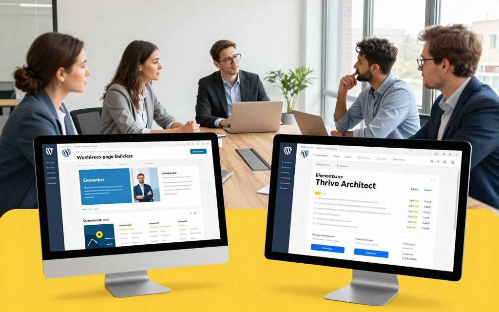 A professional and visually engaging comparison graphic illustrating the key features and pricing of WordPress page builders, specifically Elementor and Thrive Architect. In the foreground, display two sleek, side-by-side software interfaces on computer screens, showcasing attractive layouts and design elements. The middle ground features a stylish conference table with business professionals dressed in smart casual attire, discussing the interfaces, emphasizing collaboration and analysis. The background is a modern office environment with large windows allowing natural light to filter in, creating an inviting atmosphere. The image should be bright and colorful, with a warm, engaging tone that invites viewers to explore the comparison. Use a balanced composition with a slight tilt-angle to add dynamism, while ensuring clarity and focus on the software details. A professional and visually engaging comparison graphic illustrating the key features and pricing of WordPress page builders, specifically Elementor and Thrive Architect. In the foreground, display two sleek, side-by-side software interfaces on computer screens, showcasing attractive layouts and design elements. The middle ground features a stylish conference table with business professionals dressed in smart casual attire, discussing the interfaces, emphasizing collaboration and analysis. The background is a modern office environment with large windows allowing natural light to filter in, creating an inviting atmosphere. The image should be bright and colorful, with a warm, engaging tone that invites viewers to explore the comparison. Use a balanced composition with a slight tilt-angle to add dynamism, while ensuring clarity and focus on the software details.