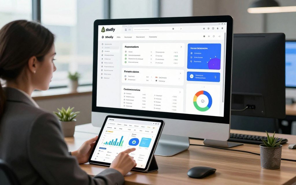 A sleek, modern digital workspace showcasing Shopify's features in 2026. In the foreground, a professional businesswoman in a smart blazer examines a tablet displaying the Shopify dashboard, filled with vibrant graphs and manageable store features. The middle ground features a large computer screen with a visually appealing overview of Shopify's key features, like payment integration, inventory management, and customer analytics, all represented with dynamic visuals. The background consists of a stylish office environment with large windows letting in natural light, creating a bright and optimistic atmosphere. The overall mood is forward-thinking and innovative, emphasizing a sophisticated tech landscape. Use a wide-angle lens to capture the depth of the workspace, with soft, ambient lighting highlighting the digital interfaces.