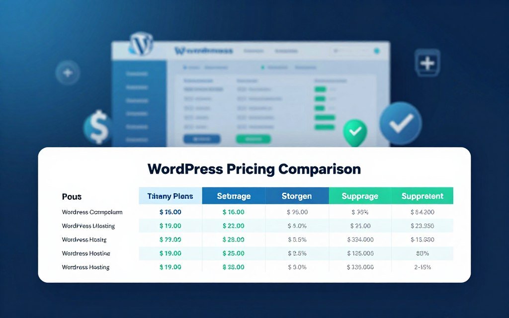 A sleek, modern illustration depicting a "WordPress Pricing Comparison" table. In the foreground, a well-organized comparison chart with distinct columns for various WordPress hosting plans, pricing tiers, and features such as storage, support, and bandwidth. The middle ground features subtle pricing icons, like dollar signs and checkmarks, symbolizing value and features. In the background, a blurred digital landscape with faint outlines of a website, evoking the world of online platforms. The lighting is bright and professional, giving a clean, clear ambiance, while the color scheme is a harmonious blend of blues and greens, suggesting trust and innovation. The overall mood is informative and business-like, ideal for a professional analysis.