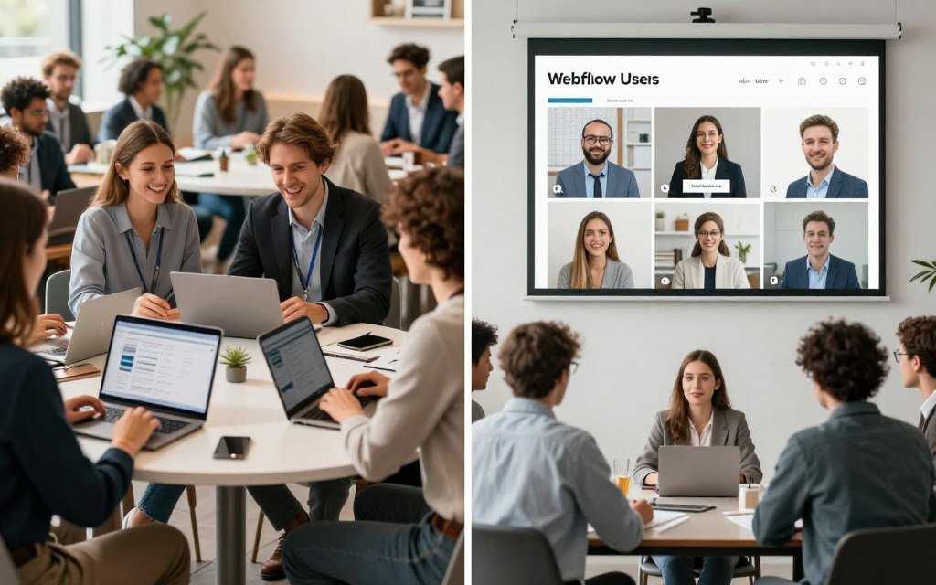 A split-screen image, with the left side depicting a vibrant, engaging community event for WordPress users. Illustrate diverse individuals in professional business attire and modest casual clothing, collaborating over laptops, discussing ideas, and sharing resources at a round table. Bright, warm lighting enhances the positive atmosphere. On the right side, showcase a sleek, modern webinar setting for Webflow users, featuring a projector displaying a live Q&A session. Include individuals engaging with a virtual screen, dressed in business casual attire, with a clean white backdrop and focused task lighting. The overall mood is collaborative and friendly, embodying the spirit of community support and resources in both platforms. Use a wide-angle lens to capture the full scope of both environments.