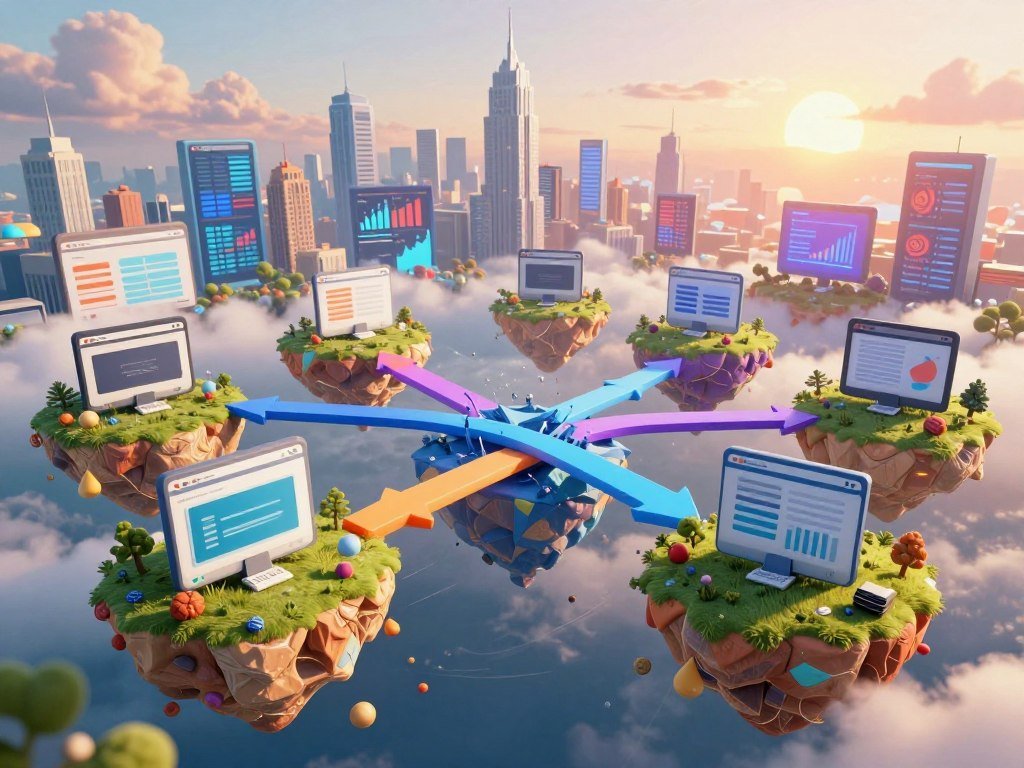 A surreal visualization of keyword cannibalization, depicting a vibrant digital landscape. In the foreground, multiple websites represented as colorful, overlapping islands, each struggling to survive as they compete for attention. The middle ground showcases tangled pathways and arrows clashing and intertwining, symbolizing confusion and conflict among SEO strategies. In the background, a dynamic skyline of towering data charts and analytics, bathed in a warm glow of sunset, illustrating the high-stakes nature of online optimization. The atmosphere is tense yet vibrant, hinting at both competition and the potential for collaboration. Soft lighting creates a dreamlike effect, with a wide-angle perspective emphasizing the chaotic beauty of digital marketing.