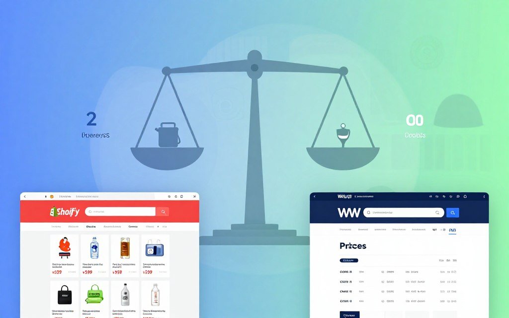 A visually engaging and informative comparison of Shopify vs WooCommerce pricing. In the foreground, two contrasting digital storefronts represent each platform: a sleek Shopify store on the left, vibrant and modern, with subtle displays of products and pricing tags, and a WooCommerce storefront on the right, showcasing a customizable layout with a focus on analytics and cost breakdowns. The middle section features an abstract scale or infographic comparing pricing elements like subscription fees, transaction costs, and customization expenses, subtly highlighted with icons. The background is a soft gradient blending blue and green hues to evoke a sense of clarity and professionalism, with soft lighting simulating a bright office environment. The overall mood is analytical and informative, catering to a business audience.