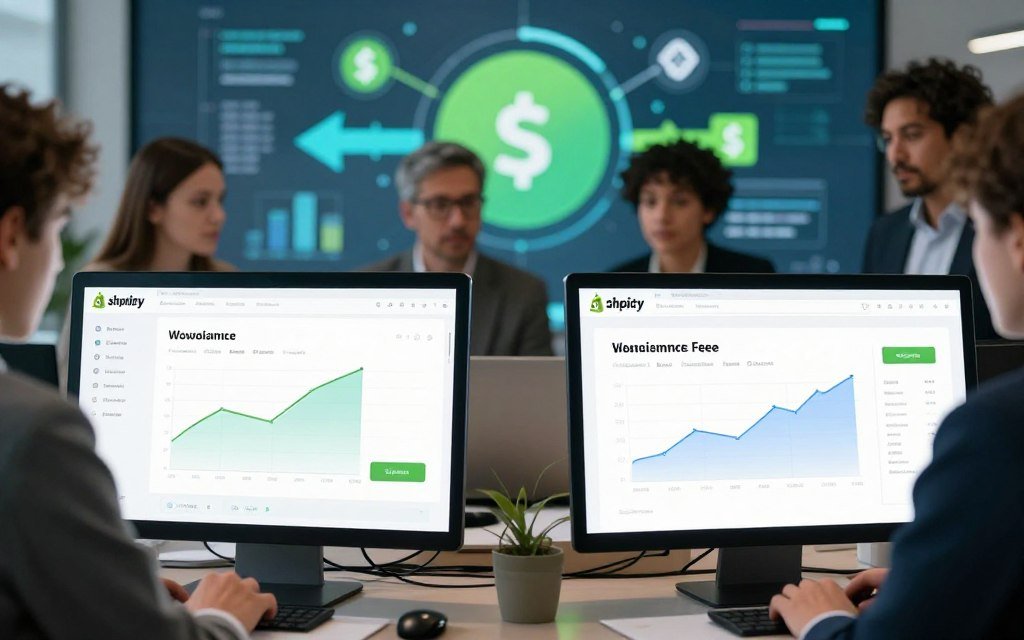 A visually engaging and informative scene depicting a side-by-side comparison of payment processing systems for Shopify and WooCommerce. In the foreground, illustrated digital screens show the interfaces of both platforms, featuring graphs of transaction fees and payment options, in sleek, modern designs. The middle ground contains a diverse group of professionals in business attire analyzing the data, with expressions of concentration and curiosity. The background features an abstract representation of money flow, with arrows and payment icons in a harmonious blend of blue and green, symbolizing efficiency and innovation. Soft, focused lighting highlights the screens and professionals, creating a sharp contrast with a slightly blurred, tech-inspired backdrop, conveying a modern and professional atmosphere.