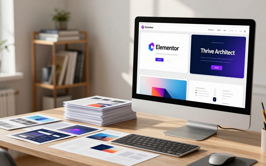 A visually engaging comparison of template libraries designed for page builders. In the foreground, depict a sleek, modern desk setup featuring a high-resolution monitor displaying vibrant template previews from Elementor and Thrive Architect side by side. In the middle ground, incorporate organized stacks of printed template layout samples scattered across the desk. In the background, a soft-focus bookshelf filled with design books and resources hints at creativity and inspiration. Use natural light streaming through a window to create a warm, inviting atmosphere. The scene should evoke a sense of productivity and innovation, with an emphasis on design creativity and resourcefulness for marketers. Ensure the image is clean and professional, without any text or logos. A visually engaging comparison of template libraries designed for page builders. In the foreground, depict a sleek, modern desk setup featuring a high-resolution monitor displaying vibrant template previews from Elementor and Thrive Architect side by side. In the middle ground, incorporate organized stacks of printed template layout samples scattered across the desk. In the background, a soft-focus bookshelf filled with design books and resources hints at creativity and inspiration. Use natural light streaming through a window to create a warm, inviting atmosphere. The scene should evoke a sense of productivity and innovation, with an emphasis on design creativity and resourcefulness for marketers. Ensure the image is clean and professional, without any text or logos.