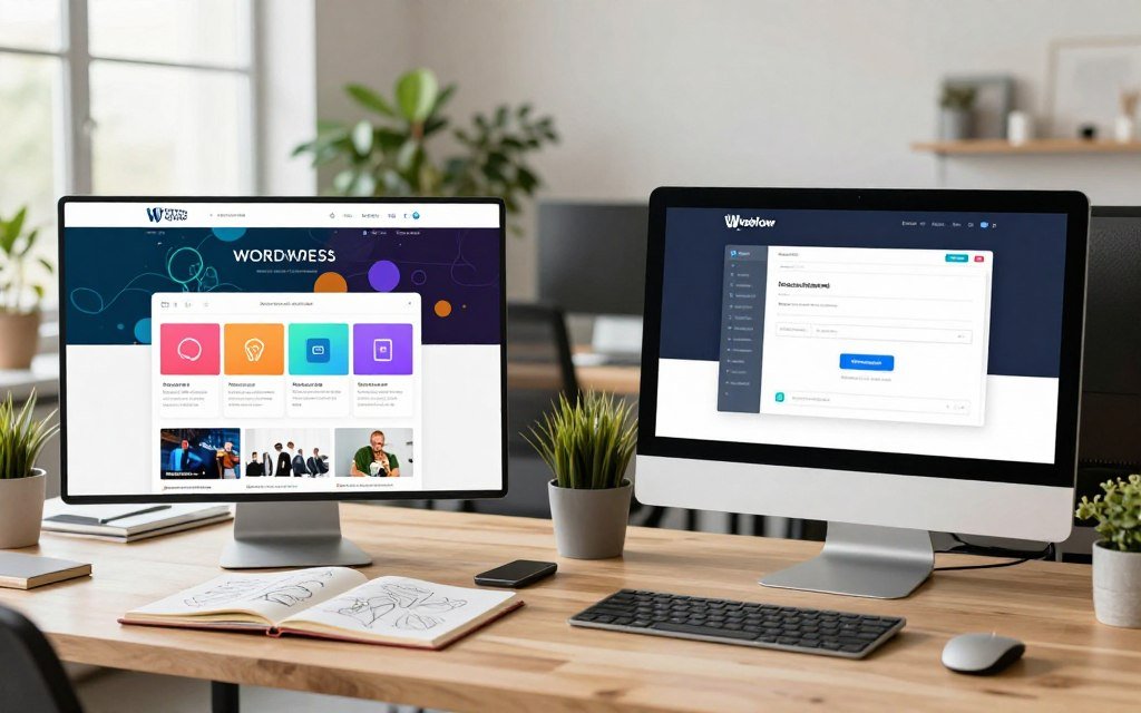 A visually striking comparison image depicting two distinct website designs side by side. On the left, a WordPress interface showcasing a user-friendly dashboard with colorful widgets and plugin options, surrounded by various desktop devices displaying lively, customizable themes. On the right, a Webflow interface characterized by a sleek, modern aesthetic with streamlined tools and responsive design features. The foreground features a light wooden table with sketchbooks and design tools, emphasizing creativity. In the middle ground, a soft-focus office space with a bright atmosphere filled with lush plants and natural light. The background subtly hints at a bustling workspace with office equipment and gentle ambient lighting, creating an inspiring mood of productivity and innovation.