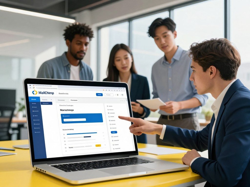 A detailed and vibrant infographic showcasing an analysis of MailChimp's features in a professional and modern workspace. In the foreground, display a sleek laptop with MailChimp's interface open, emphasizing various marketing tools like email campaigns, automation, and analytics. The middle ground features a diverse group of three professionals—two men and one woman—dressed in smart business attire, engaged in a discussion, pointing at the laptop screen, exuding a sense of collaboration and innovation. The background includes a dynamic office environment with large windows allowing natural light to illuminate the scene, casting soft shadows. A minimalistic design, focusing on clear lines and a harmonious color palette of blues and yellows, conveys a sense of productivity and expertise, fitting for the all-in-one marketing giant theme.