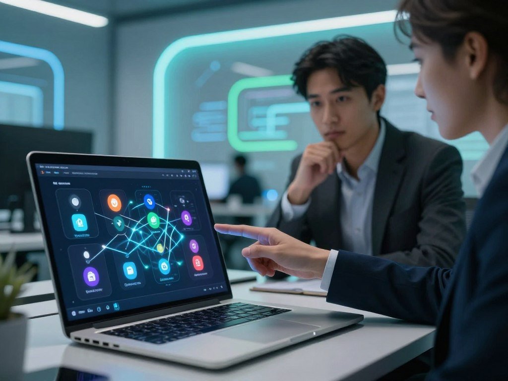 A modern digital workspace showcasing intricate third-party integrations and ecosystems in a tech-savvy environment. In the foreground, a sleek laptop screen displays colorful icons representing various applications and services like ConvertKit, MailChimp, and GetResponse, interconnected with glowing lines symbolizing data flow. In the middle, a professional in business attire points at the screen, analyzing the dashboard, with a thoughtful expression. In the background, a futuristic office space bathed in soft blue and green LED lights complements the tech atmosphere. The ambiance is collaborative and dynamic, with abstract tech motifs subtly blending into the backdrop, evoking innovation and connectivity in digital marketing ecosystems.