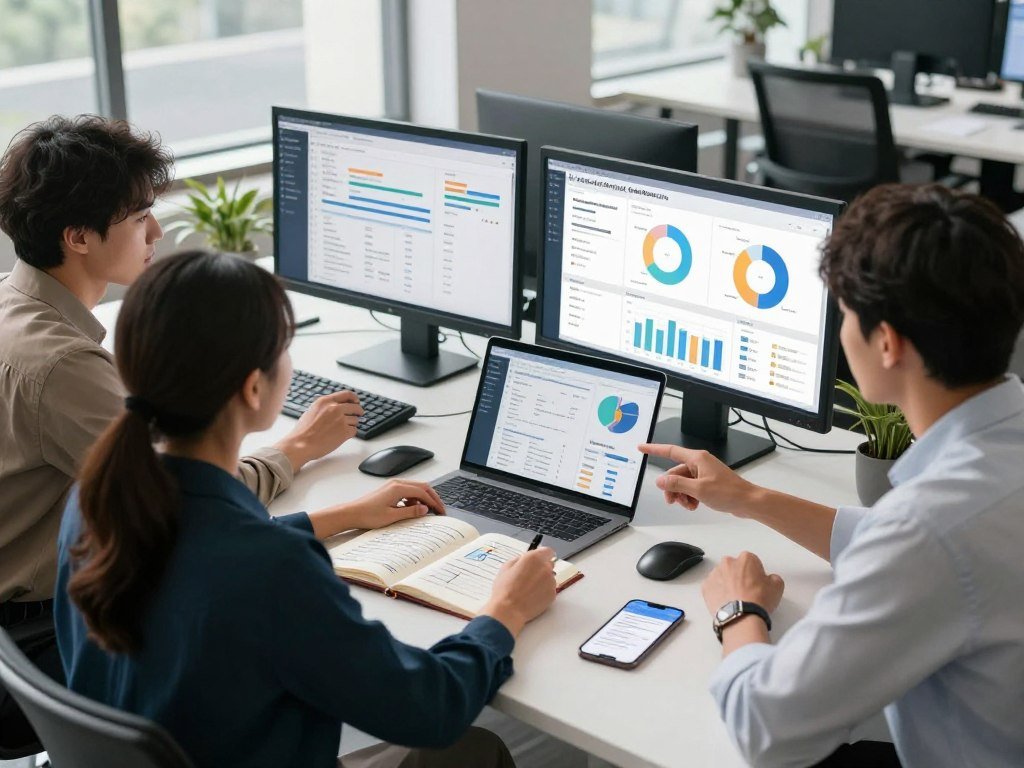 A modern office setting focused on digital marketing, with a sleek desk displaying various analytics dashboards showing segmentation data and subscriber metrics. In the foreground, a diverse team of three professionals in smart casual attire is engaged in a strategy discussion, pointing to charts on a laptop screen. The middle layer features open notebooks filled with notes and subscriber management diagrams, alongside a smartphone displaying an email marketing app. In the background, large windows allow natural light to pour in, casting soft shadows and creating a productive atmosphere. The overall mood is collaborative and innovative, showcasing a high-tech environment emphasizing segmentation and effective subscriber management in digital marketing strategies.