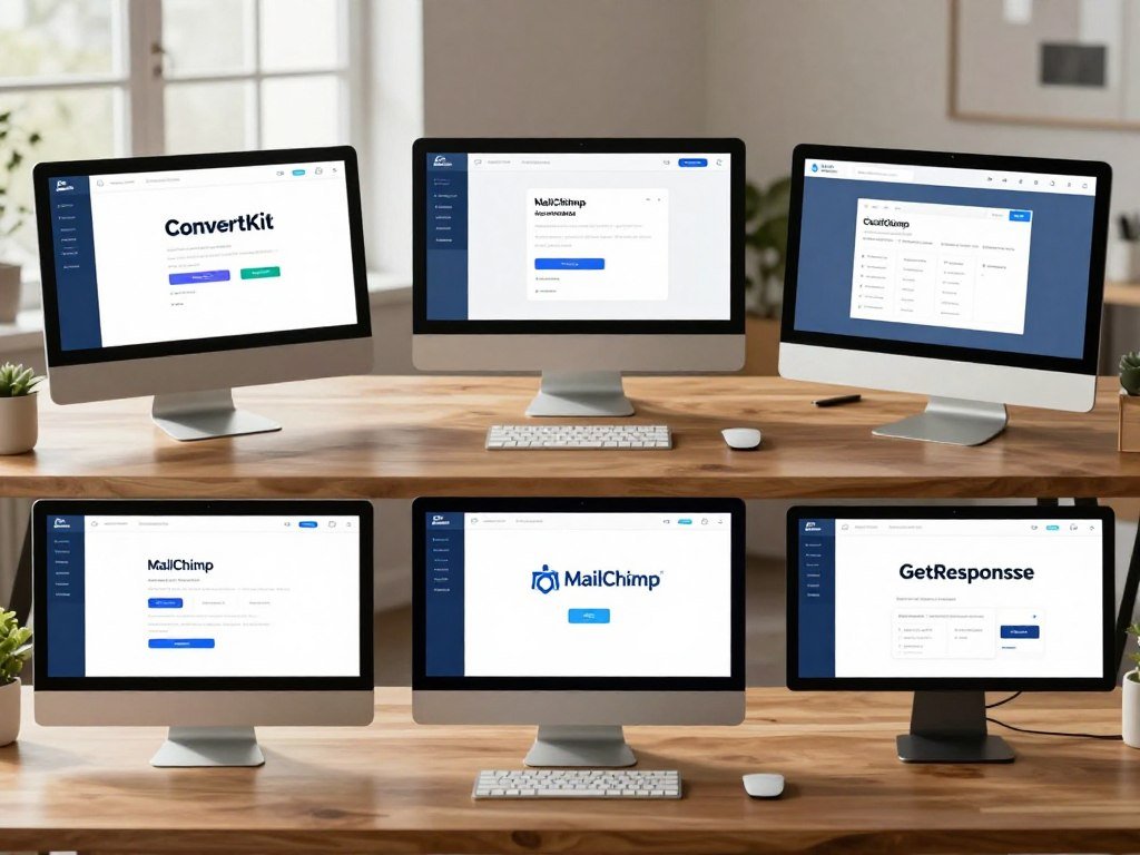 A sleek, modern workspace showcasing a side-by-side comparison of three email marketing platform interfaces: ConvertKit, MailChimp, and GetResponse. In the foreground, display three computer screens with vibrant, user-friendly dashboards open, highlighting their ease of use. The middle ground features an elegant wooden desk with a minimalist design, adorned with a few tech accessories like a keyboard and mouse, all emphasizing a tech-savvy environment. In the background, soft-focus windows let in natural light, creating a warm and inviting atmosphere. Use a wide-angle lens to capture a dynamic perspective, enhancing the sense of depth. The mood should be professional yet approachable, ideally suited for creators assessing their email marketing options.