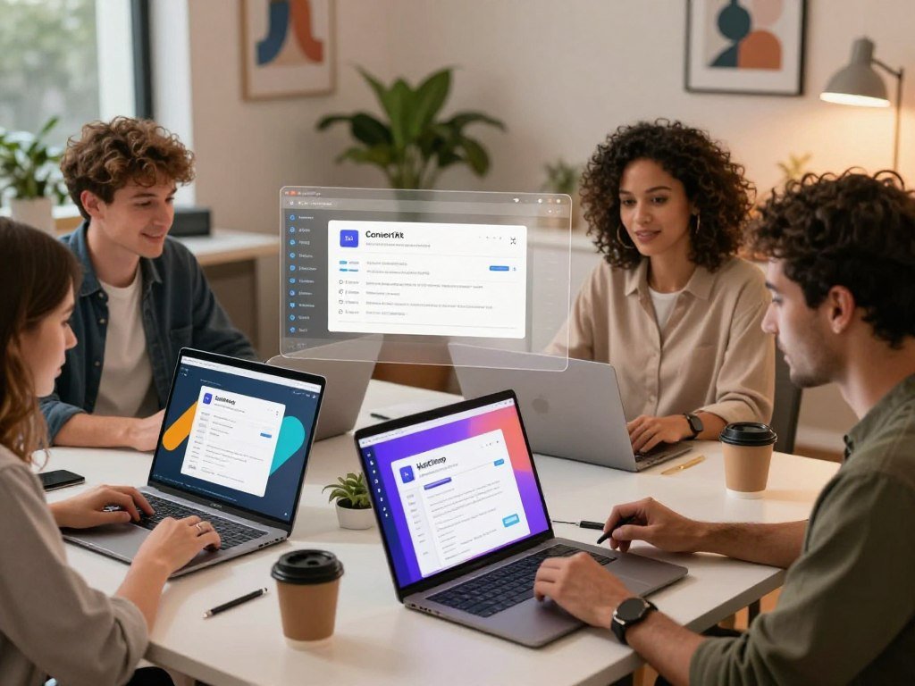 A visually engaging comparison scene featuring three distinct digital creators sitting at their desks, each representing ConvertKit, MailChimp, and GetResponse. The foreground shows a well-lit workspace with laptops open, displaying colorful and unique user interfaces of each platform. The middle ground includes a transparent scoreboard, subtly illustrating key features like email templates and automation, while the background is an inviting office space with plants and motivational artwork. The lighting is warm and inviting, creating a productive atmosphere, while the angle is slightly elevated, providing a clear view of each creator’s setup. The overall mood is energetic and innovative, capturing the essence of digital marketing for creators in a professional yet creative environment.