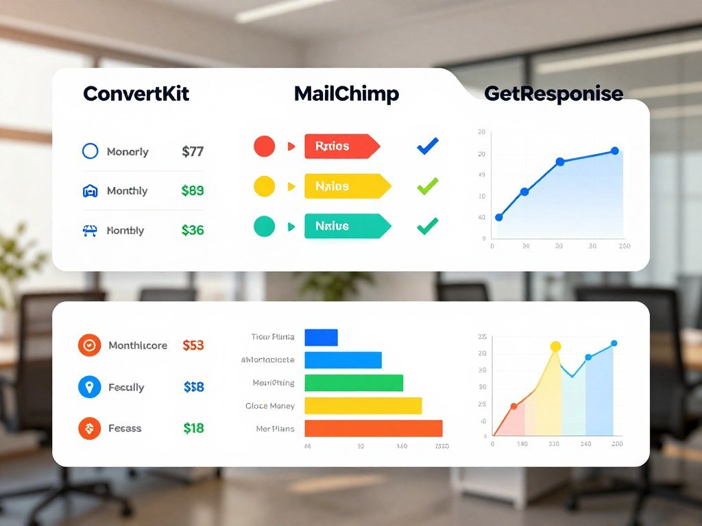 A visually engaging pricing comparison chart featuring three distinct sections labeled for ConvertKit, MailChimp, and GetResponse, each represented with colorful, professional infographics. In the foreground, highlight key figures such as monthly costs, features, and tiered plans using vibrant icons and easy-to-read graphs. The middle ground showcases a stylized representation of the pricing models side by side, incorporating visual cues like arrows and checks to indicate value for money. In the background, include subtle, blurred images of a modern office environment to create a business atmosphere, emphasizing a sense of professionalism. Use soft, warm lighting to evoke a positive mood, with a slight angle that draws the viewer's focus toward the comparison, ensuring clarity and a cohesive design for an informative article section.