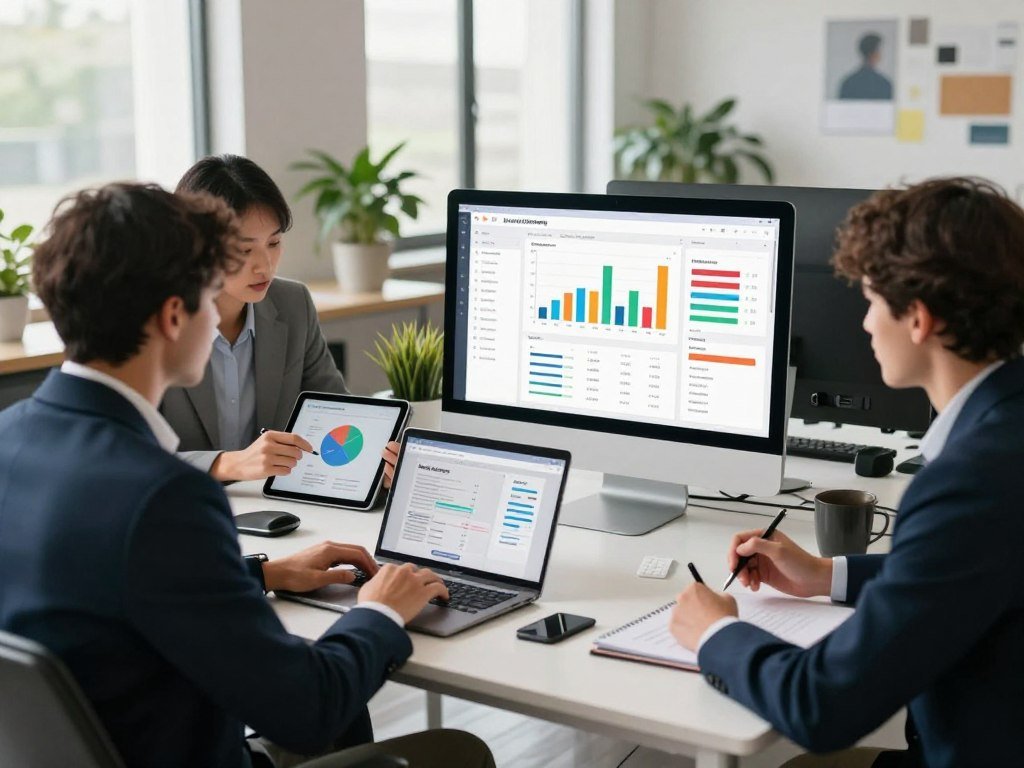 A visually engaging scene depicting a digital workspace focused on email marketing for creators. In the foreground, a diverse group of three professionals in smart business attire, one working on a laptop, another analyzing charts on a tablet, and the third discussing strategies with notepads. In the middle ground, a large monitor displays an email marketing dashboard with colorful graphs and e-commerce statistics, showcasing features like audience segmentation and monetization tools. The background features a bright, modern office space with large windows letting in natural light, plants, and creative decor. Soft lighting enhances a productive, innovative mood. Use a wide-angle perspective to capture the collaborative environment.